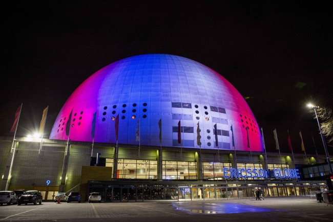 The Ericsson Globe Arena in Stockholm is illuminated in the French colors blue, white and red in honor of the victims of the attacks in Paris